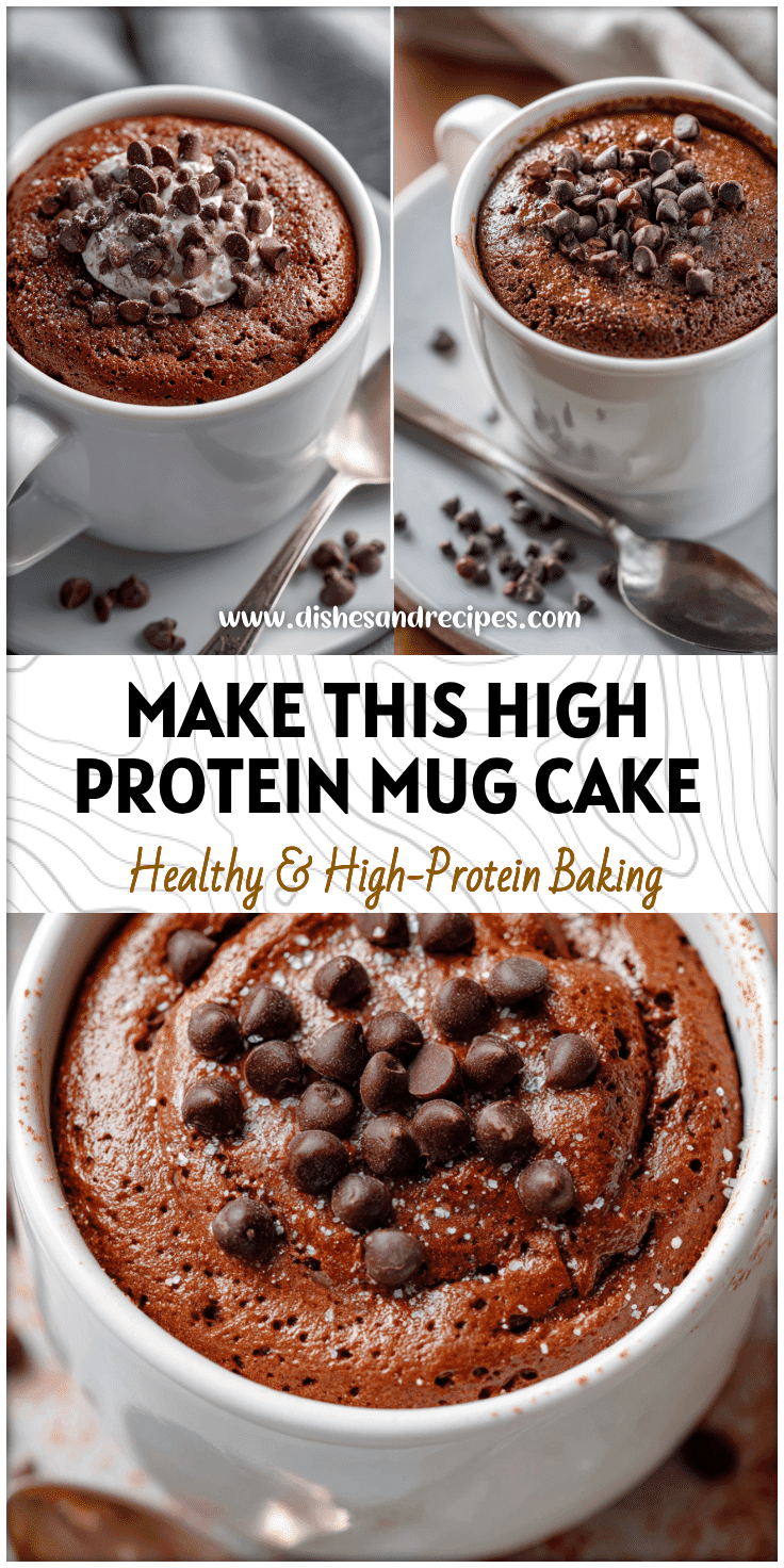 A warm Chocolate Protein Mug Cake in a white mug topped with chocolate chips and a spoon beside it.